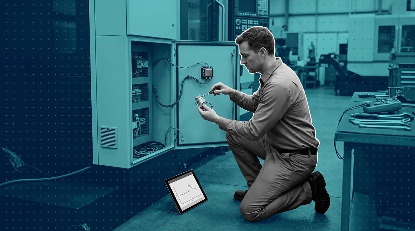 Plant engineer kneeling beside a CNC machine's control cabinet fitting a small monitoring sensor module, a tablet propped on the floor showing a baseline graph