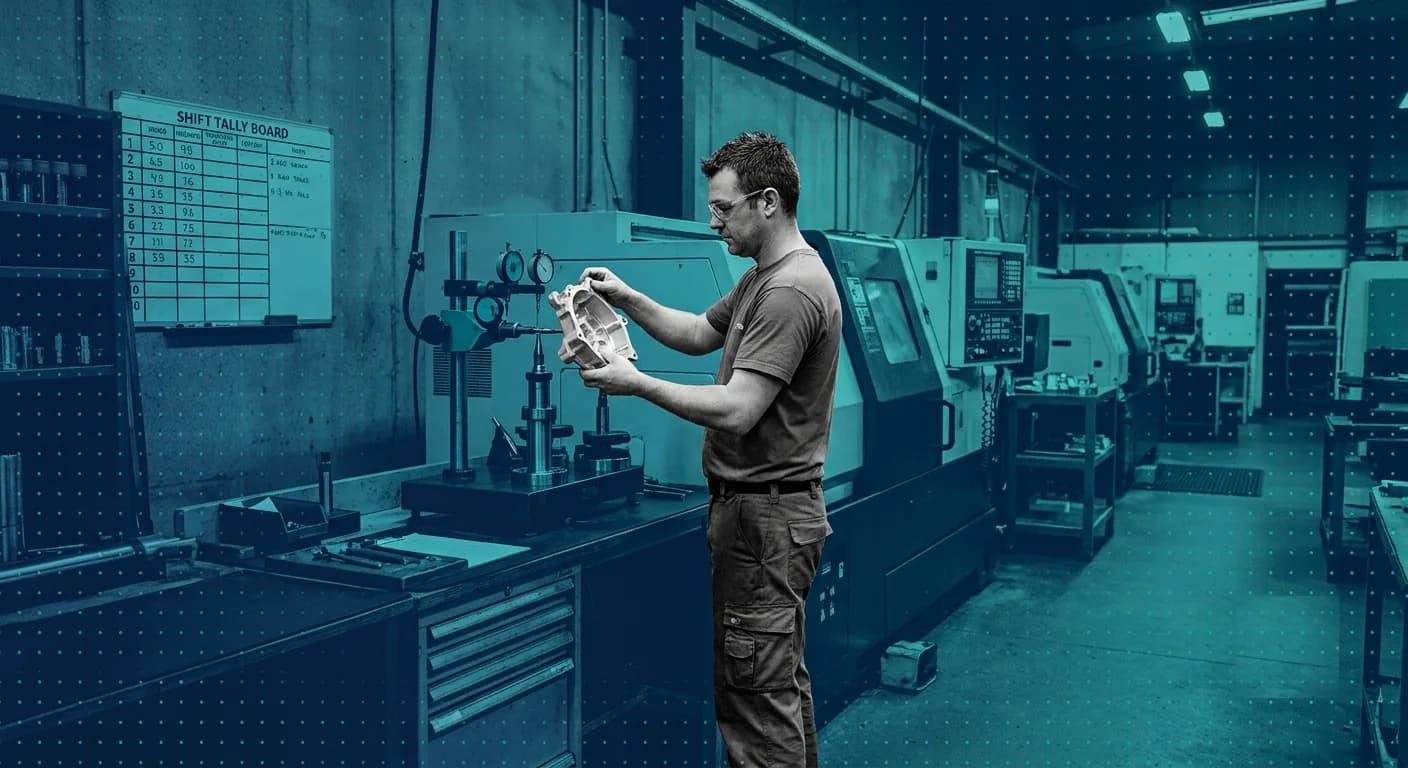 CNC operator checking a cast aluminium part against an in-process measurement fixture, a shift tally board on the wall behind them and a row of turning machines down the line