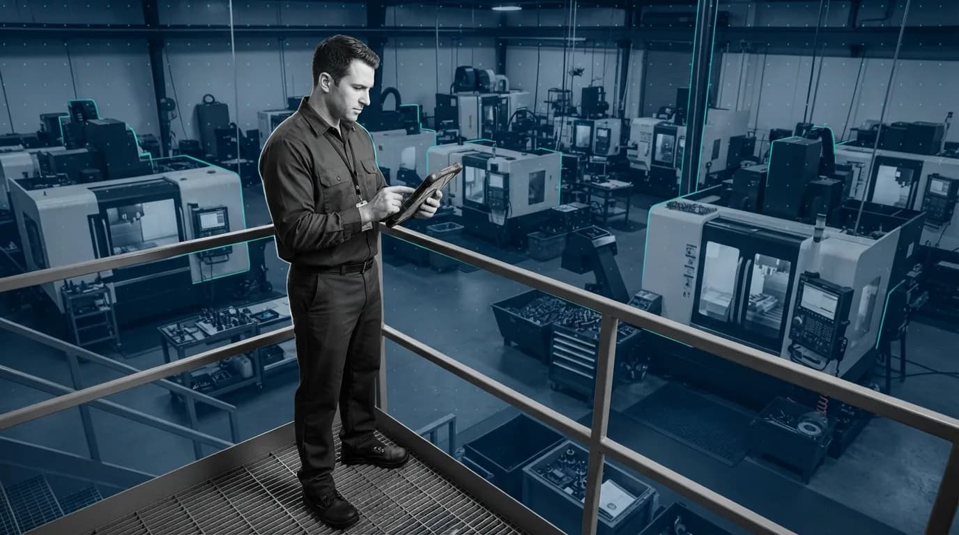 Production supervisor on a walkway above a CNC machine shop, tablet in hand, looking out over rows of enclosed machining centres