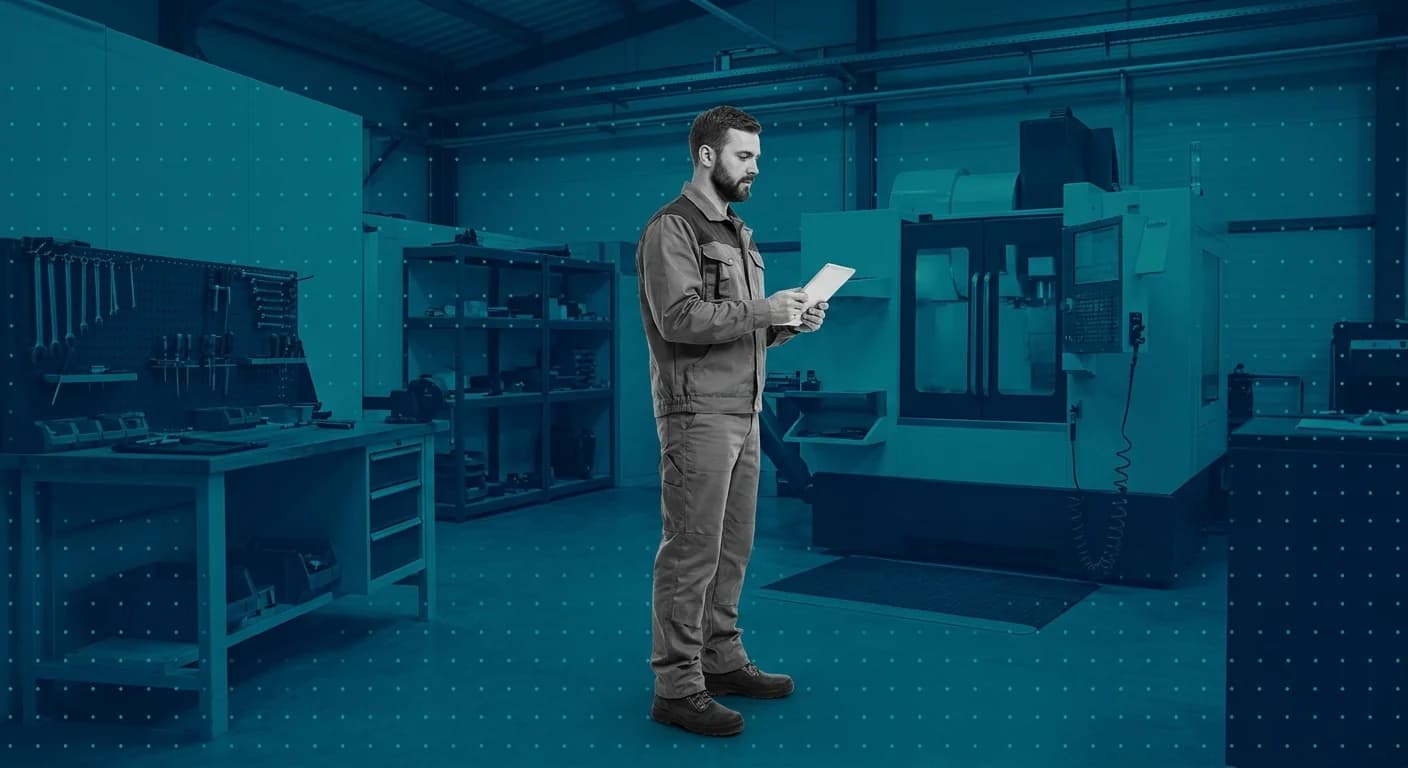 CNC operator standing at a stopped machine reviewing a downtime cause sheet, machinery and a wall-mounted cable reel in the background
