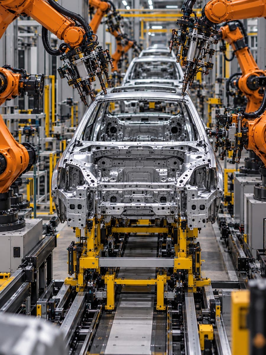 Car body on an automated assembly line surrounded by robot arms