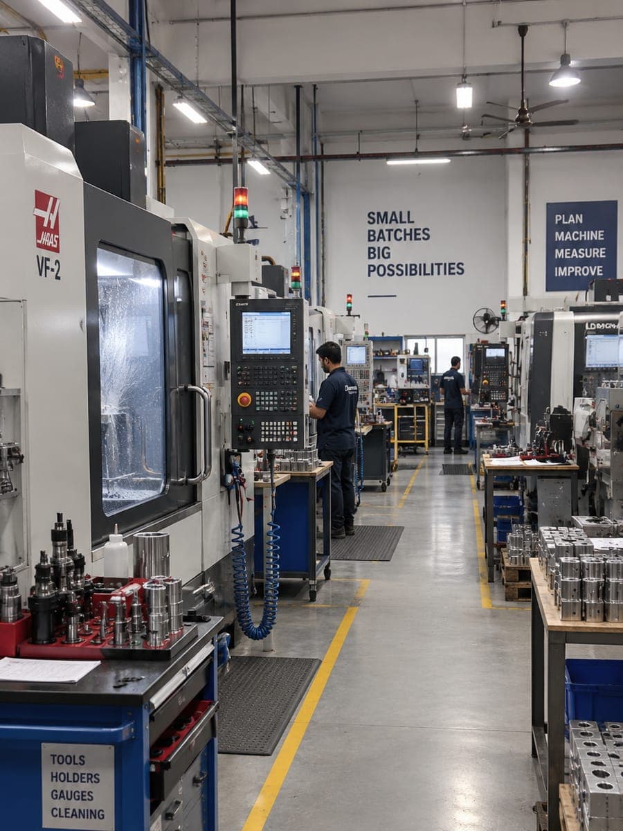 CNC machine shop floor with several machines in a row