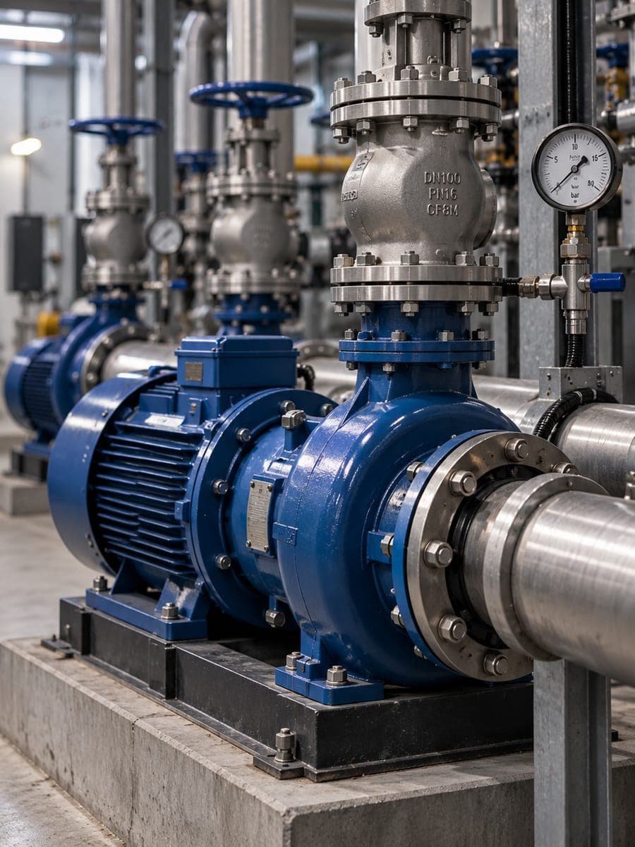 Industrial pipes and valve wheels in a pumps and valves manufacturing plant
